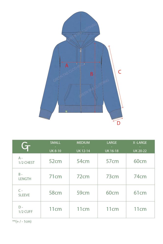 NEW BLUE ZIP UP HOODIE SIZE CHART
