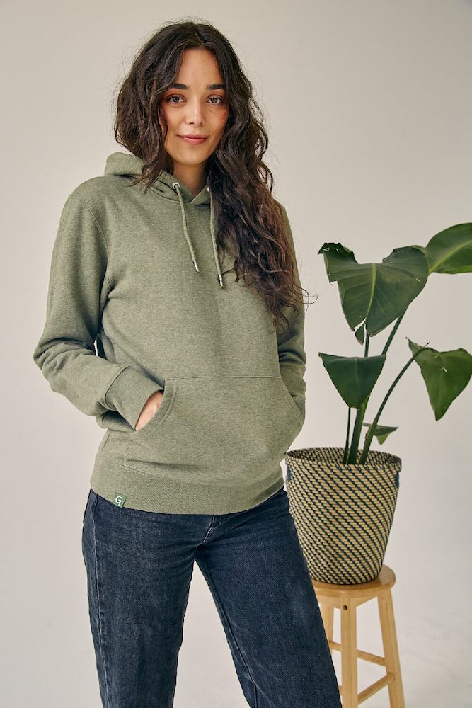 ORGANIC PULLOVER HOODIE KHAKI GREEN HEATHER