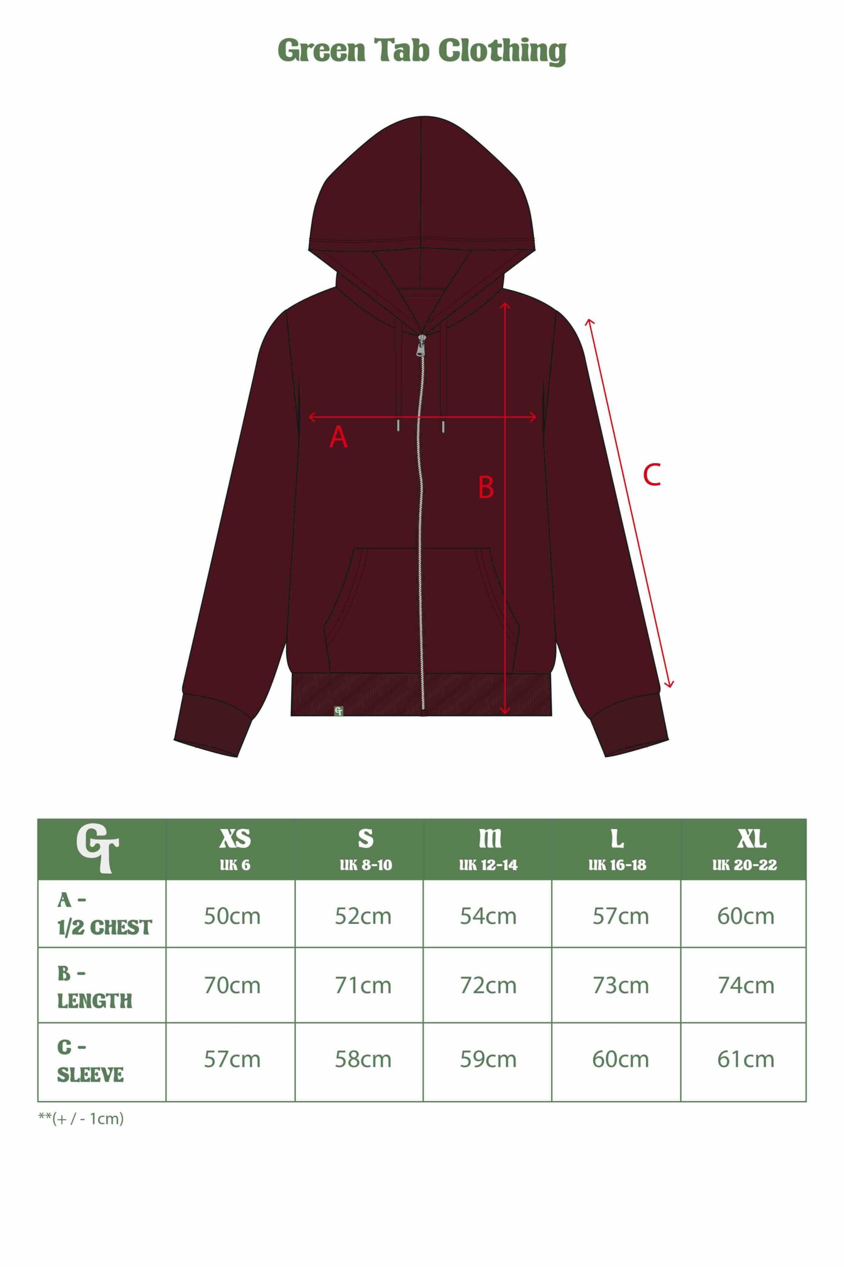 BURGUNDY ZIP UP HOODIE SIZE CHART SMALLER