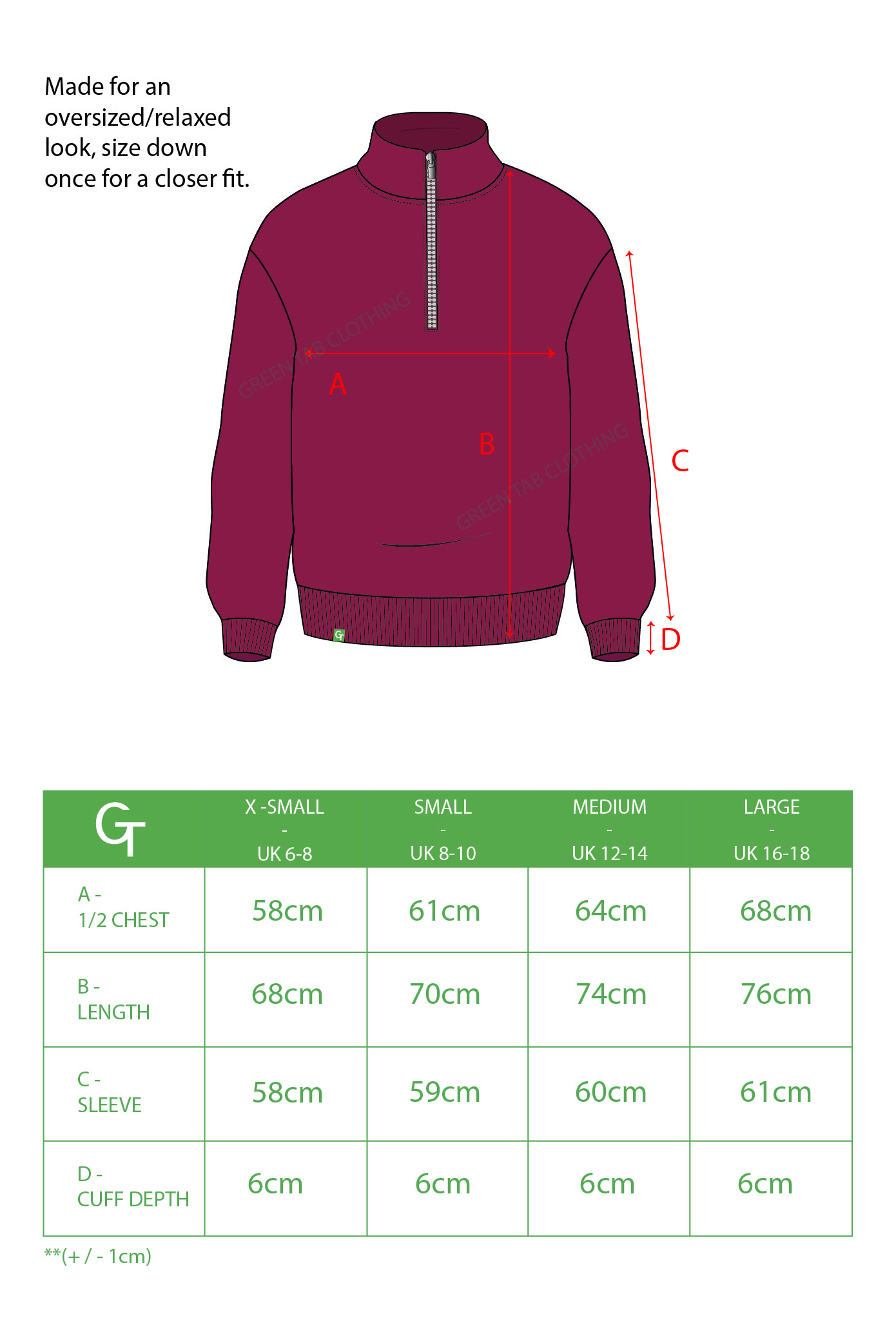 CHILLI RED ZIP SIZE CHART