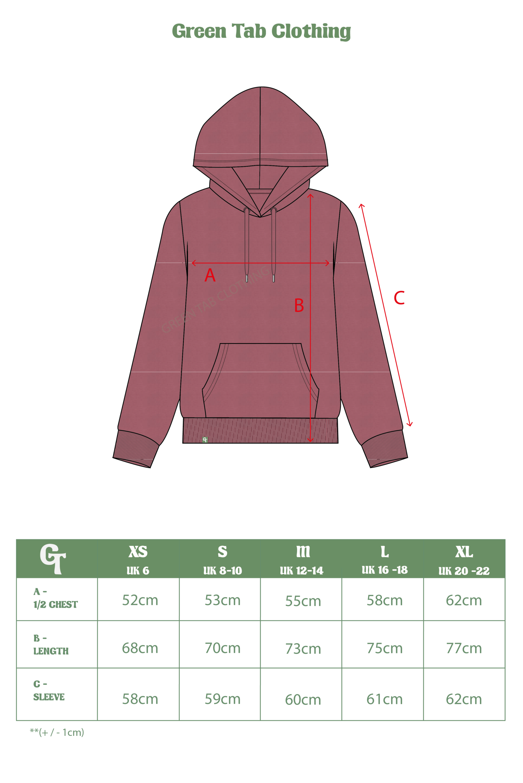 DARK ROSE HOODIE SIZE CHART