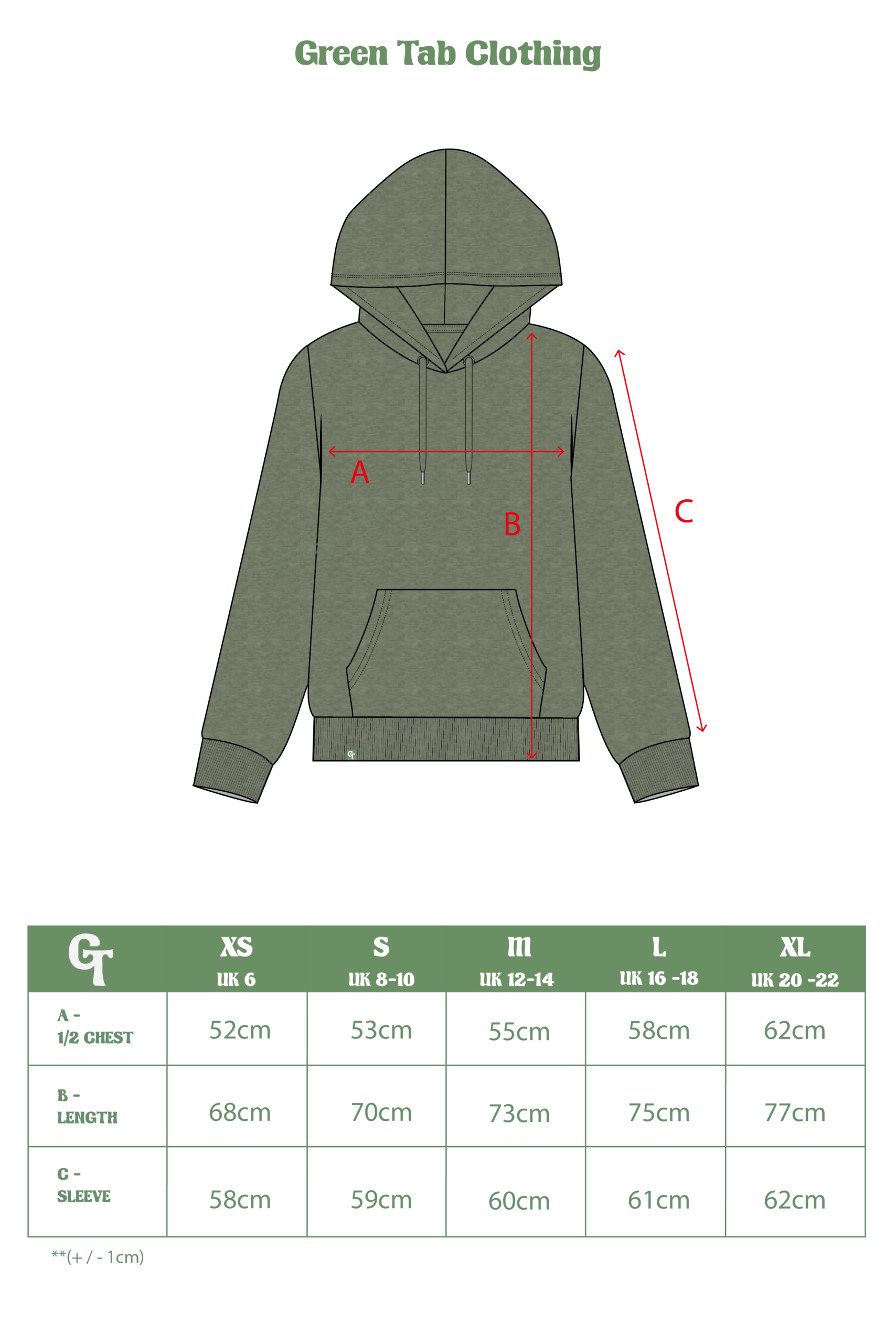 KHAKI HOODIE SIZE CHART