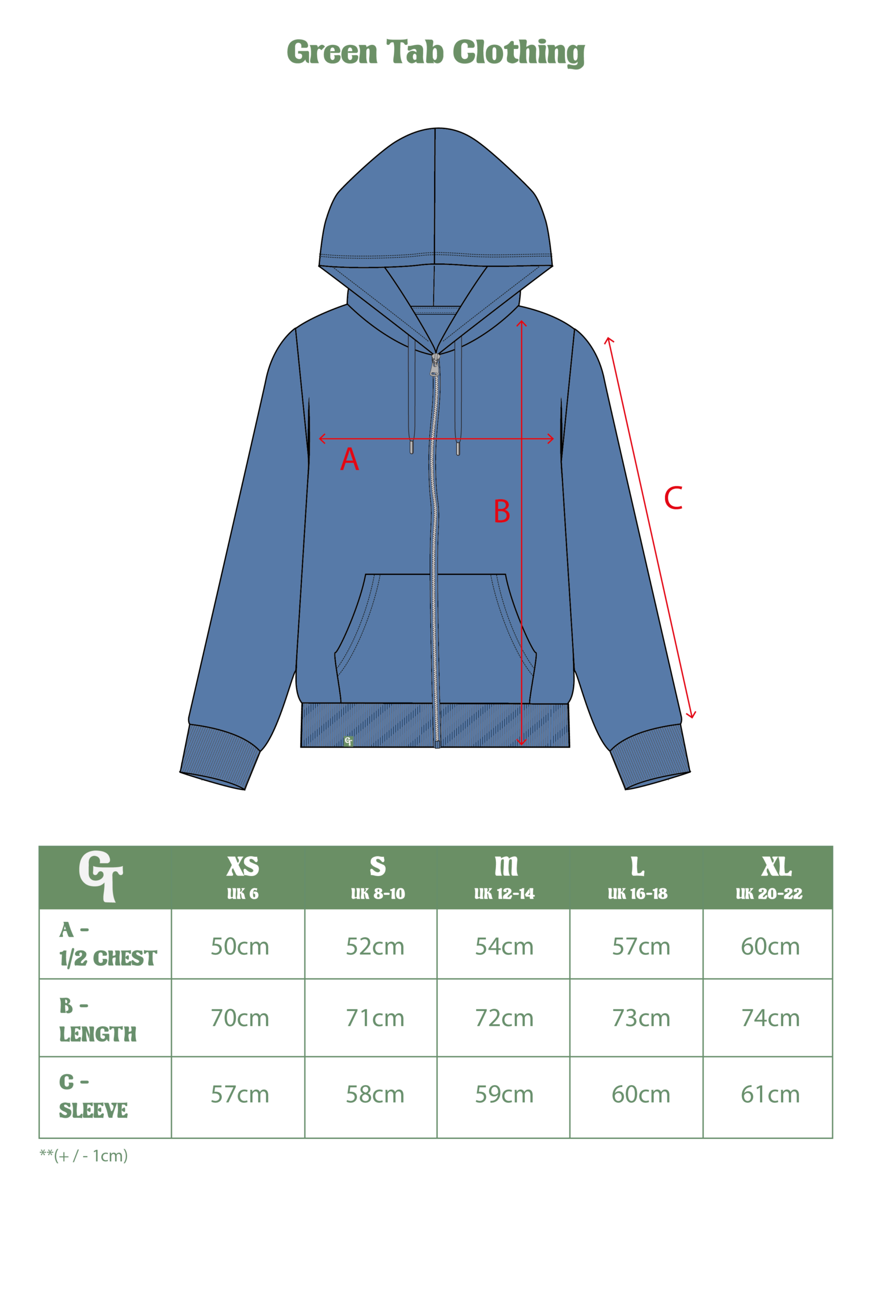 OCEAN BLUE ZIP UP HOODIE SIZE CHART