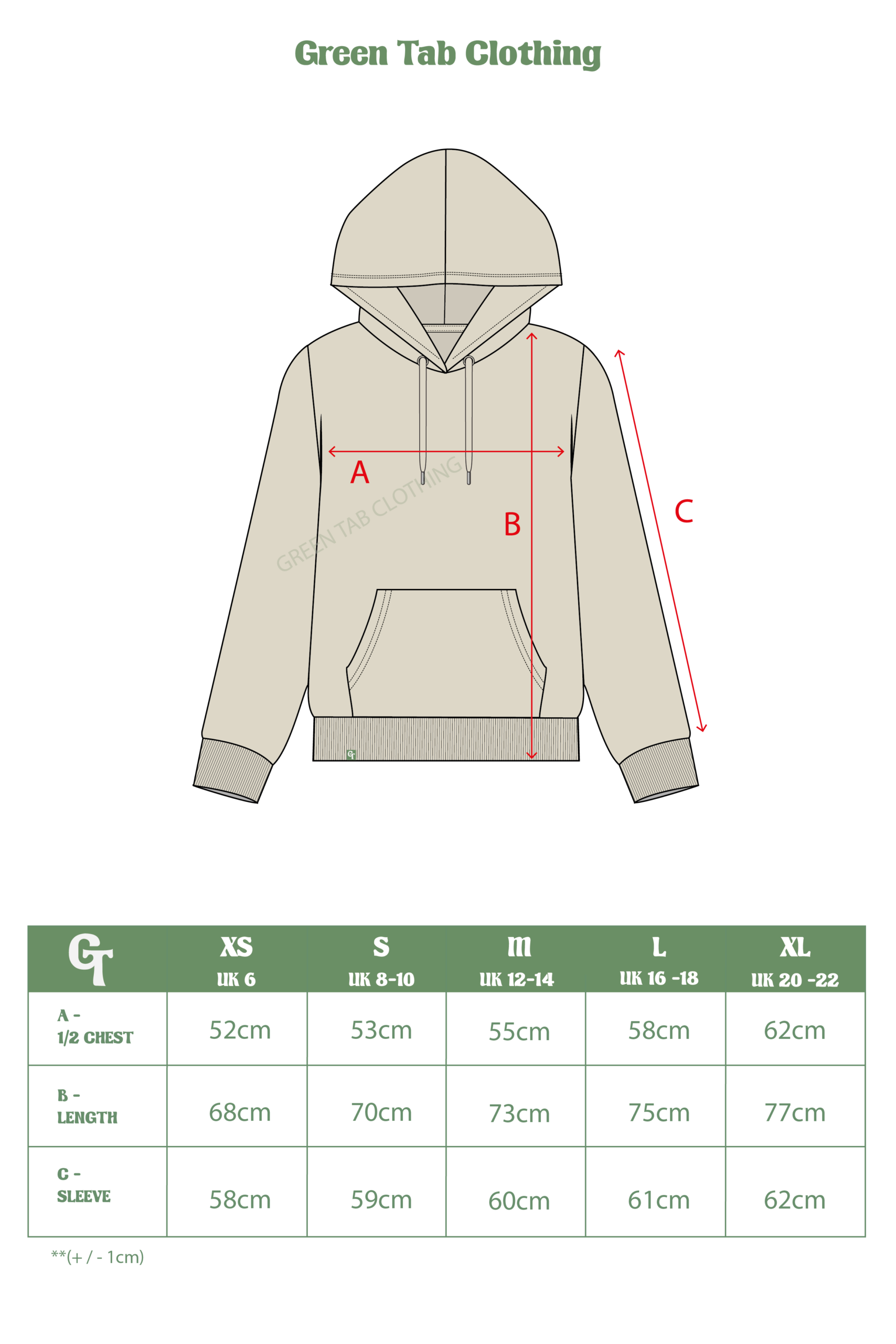 SAND HOODIE SIZE CHART