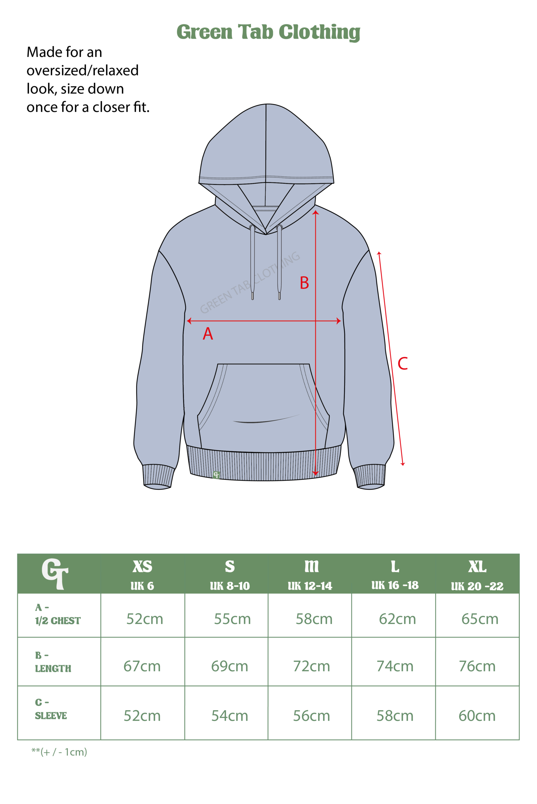 COOL BLUE RELAXED HOODIE SIZE CHART