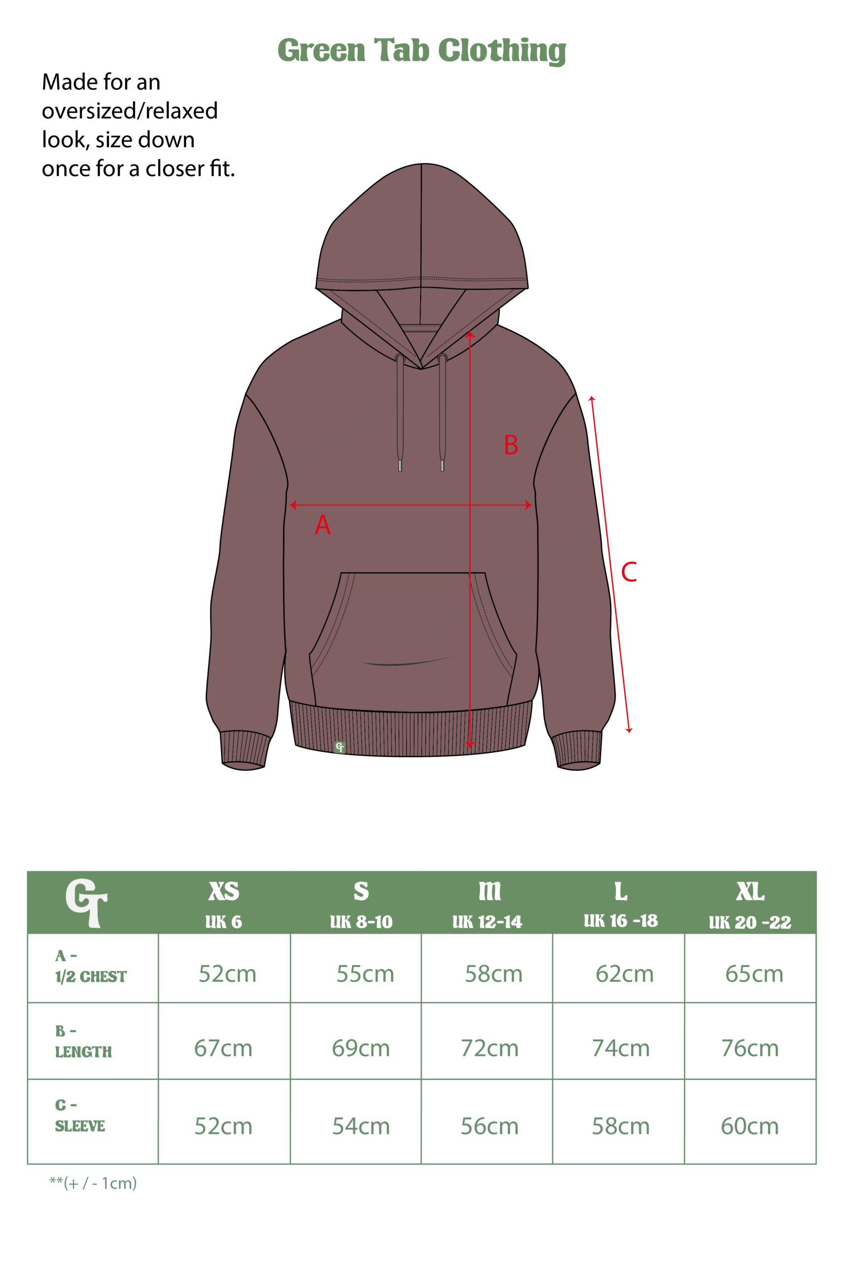 ROSE BROWN RELAXED HOODIE SIZE CHART