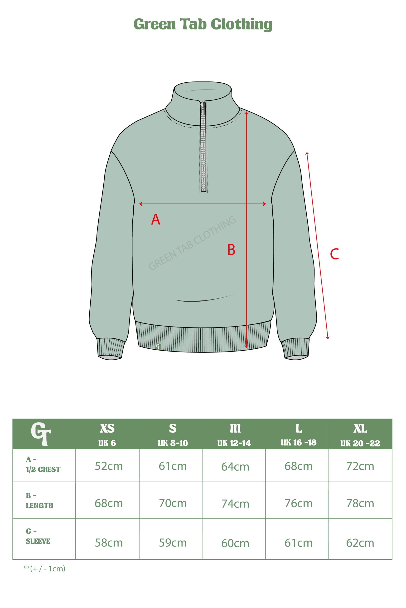 AQUA GREEN 14 ZIP SWEATSHIRT SIZE CHART 2