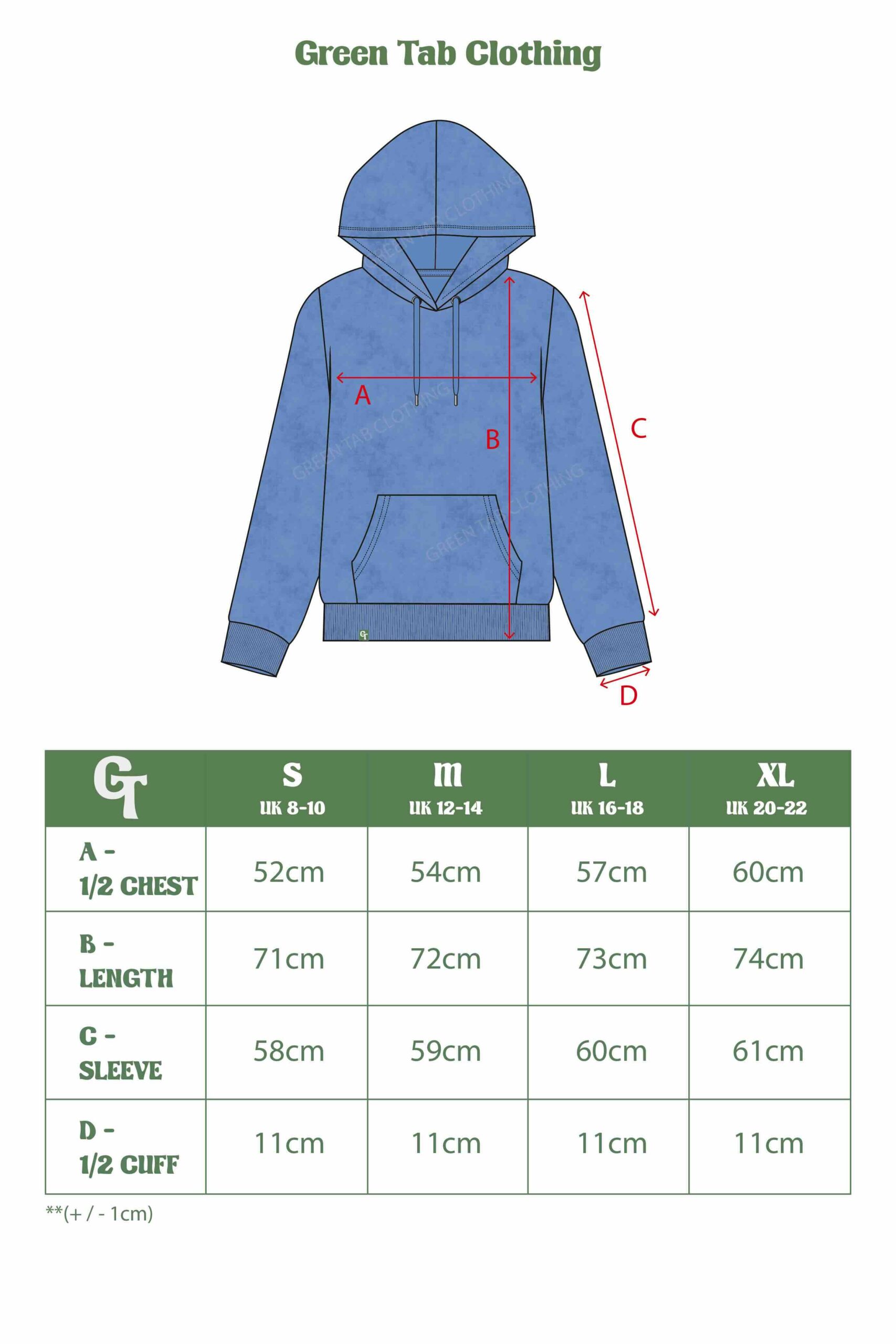 VINTAGE BLUE HOODIE SIZE CHART