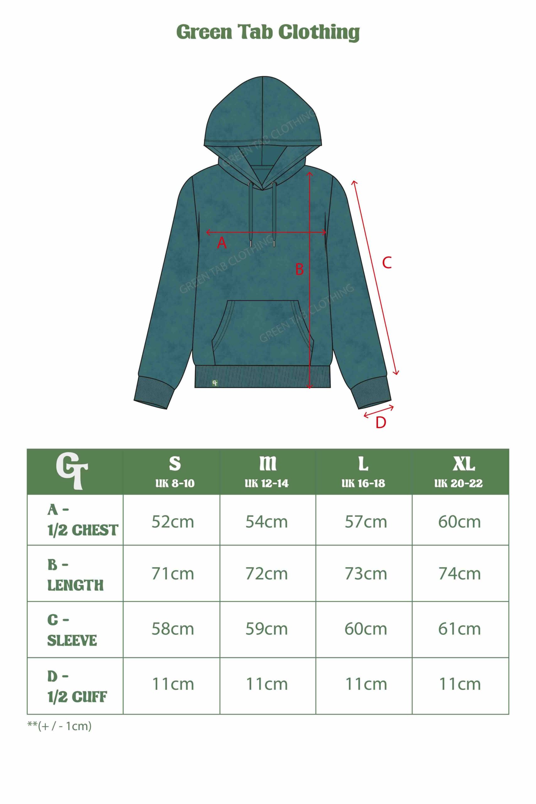 VINTAGE GREEN HOODIE SIZE CHART