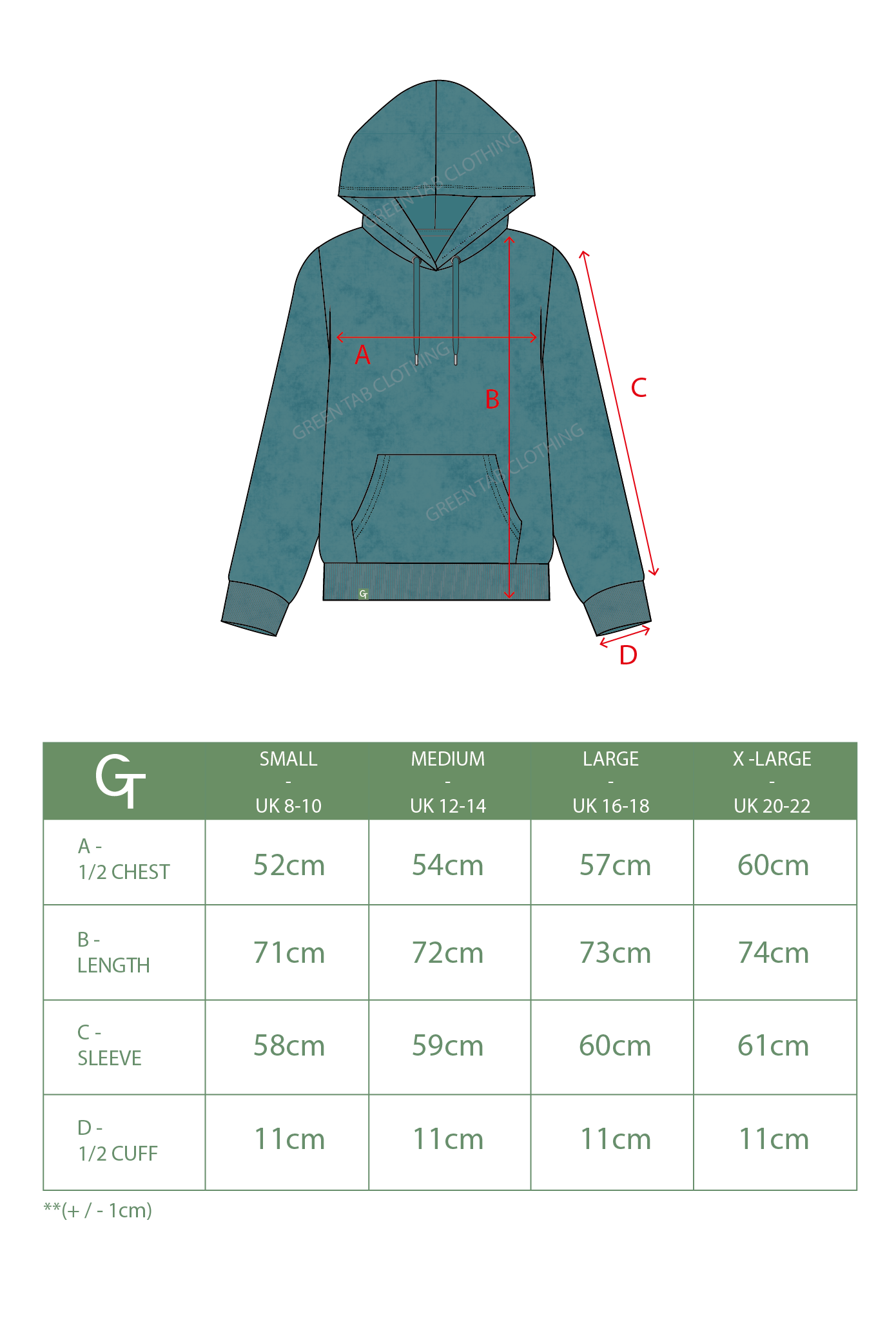 VINTAGE GREEN HOODIE SIZE CHART