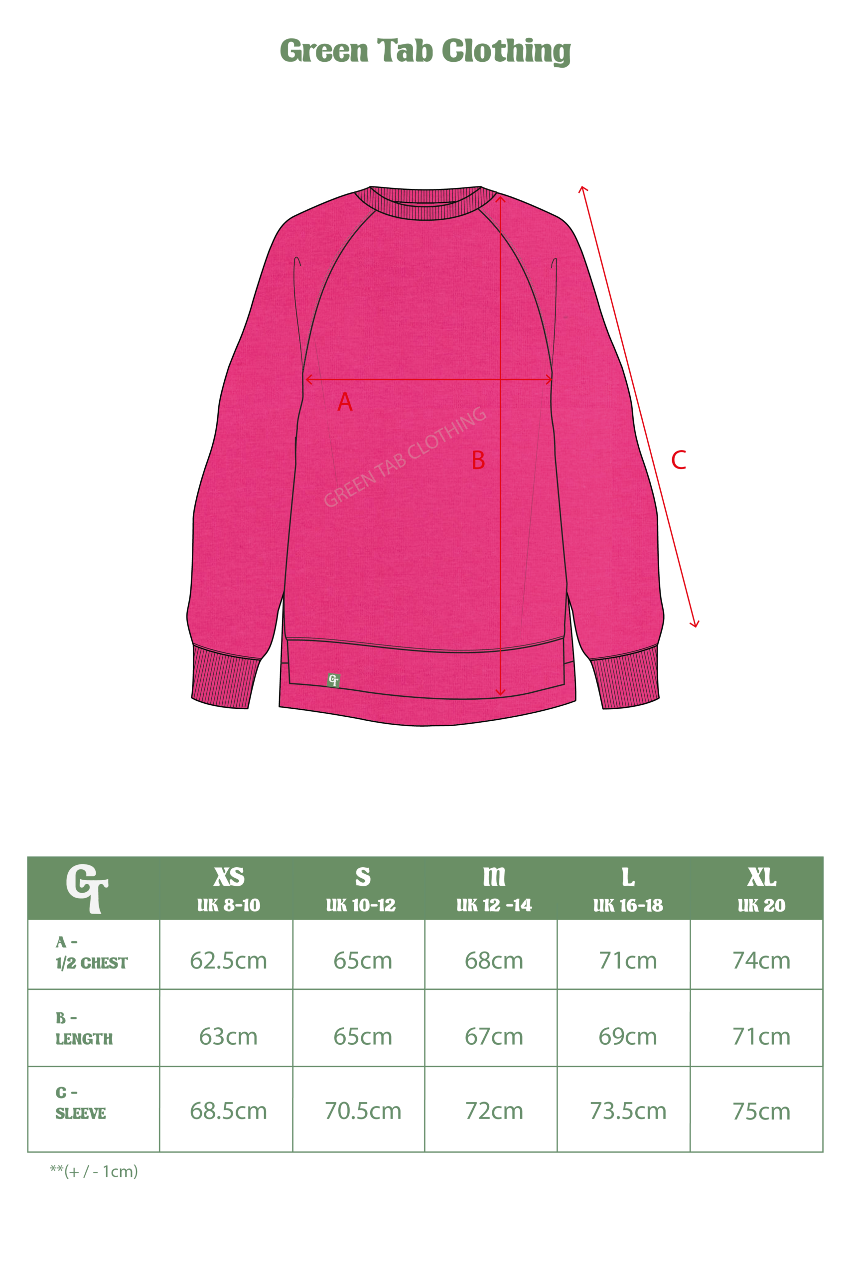 LADIES FUCHSIA PINK SPLIT SWEATER – size chart