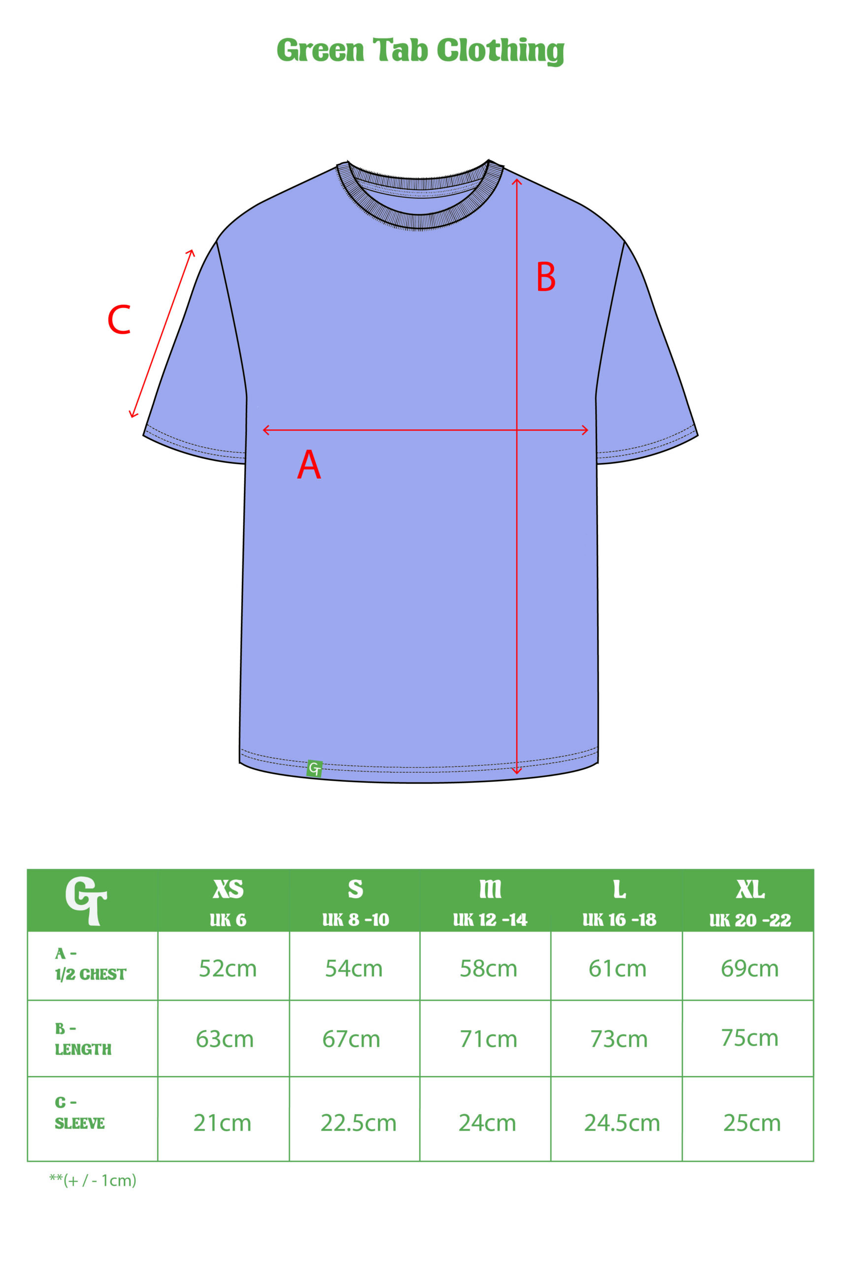 violet boxy tee - size chart