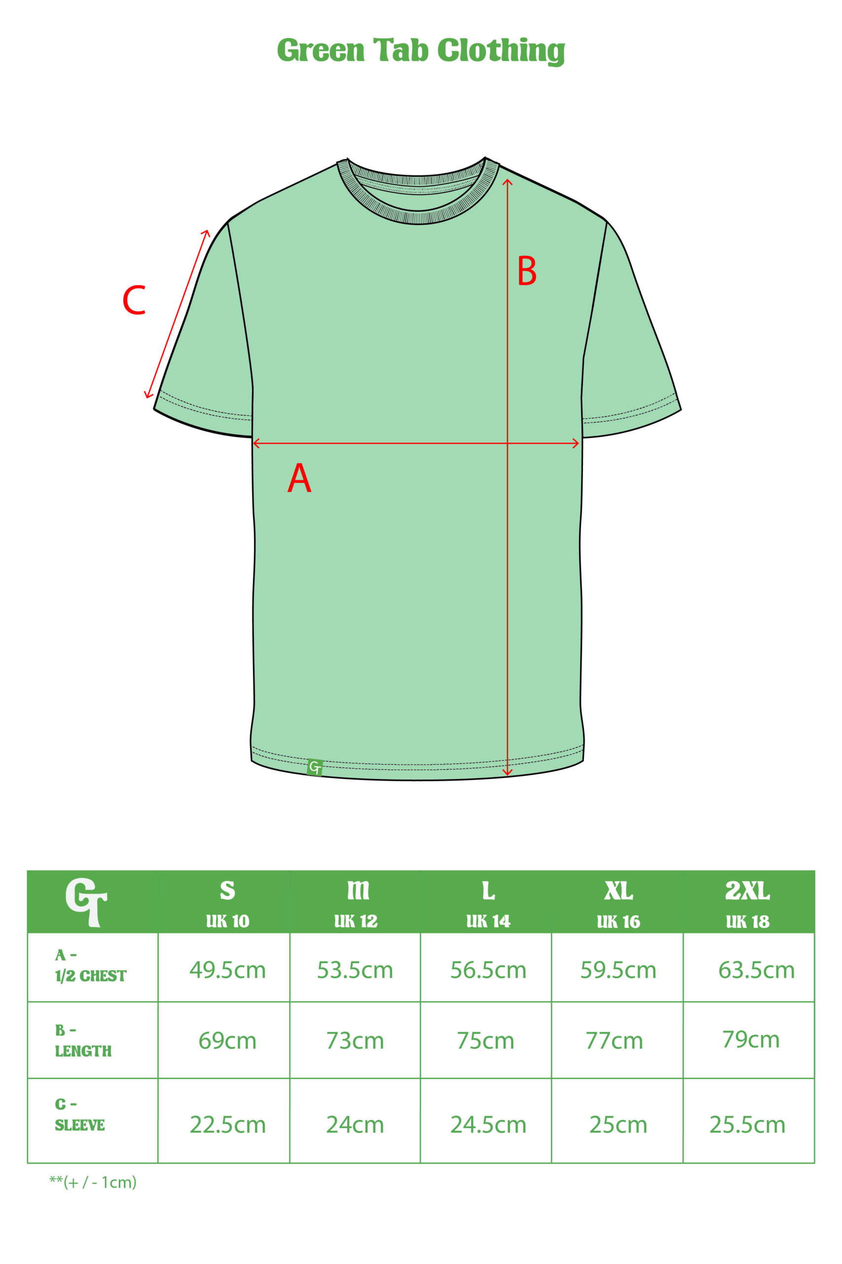 AQUA GREEN REG T-SHIRT SIZE CHART