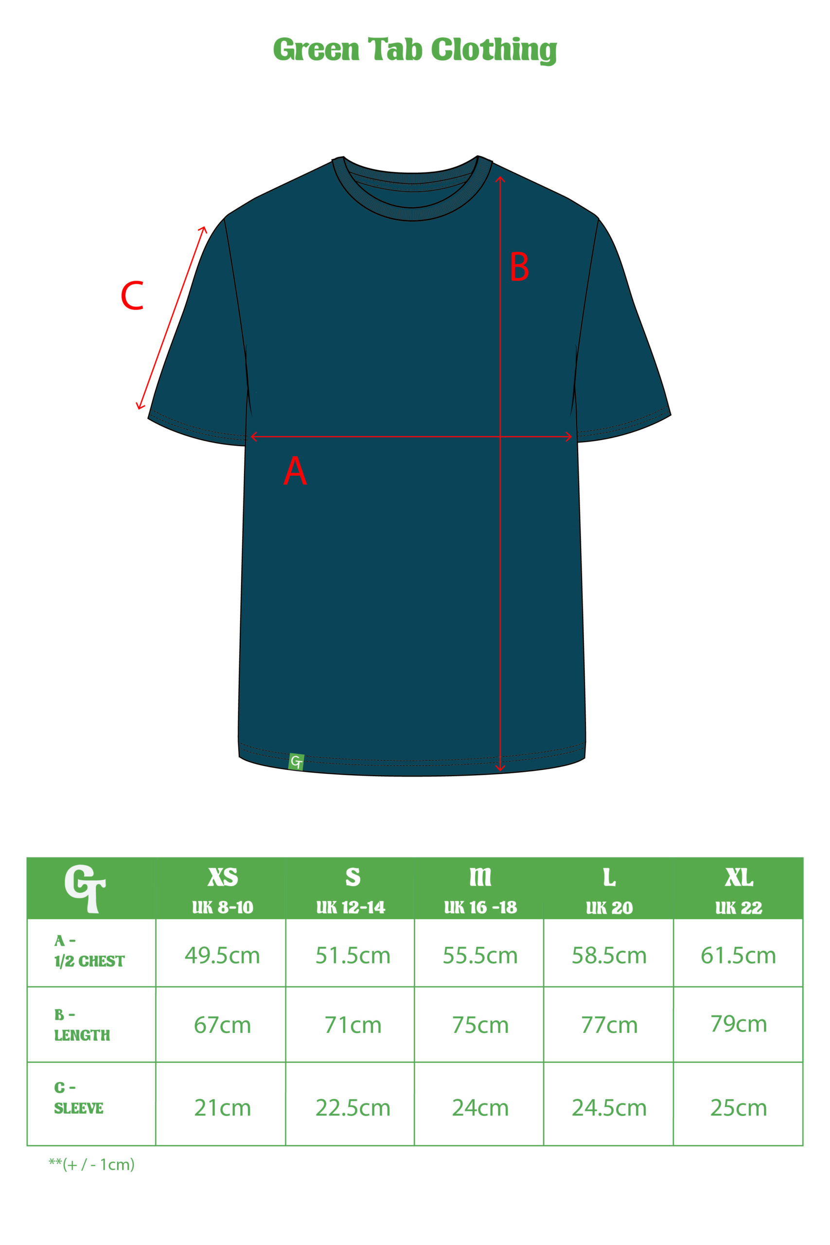 TEAL RELAXED T-SHIRT SIZE CHART