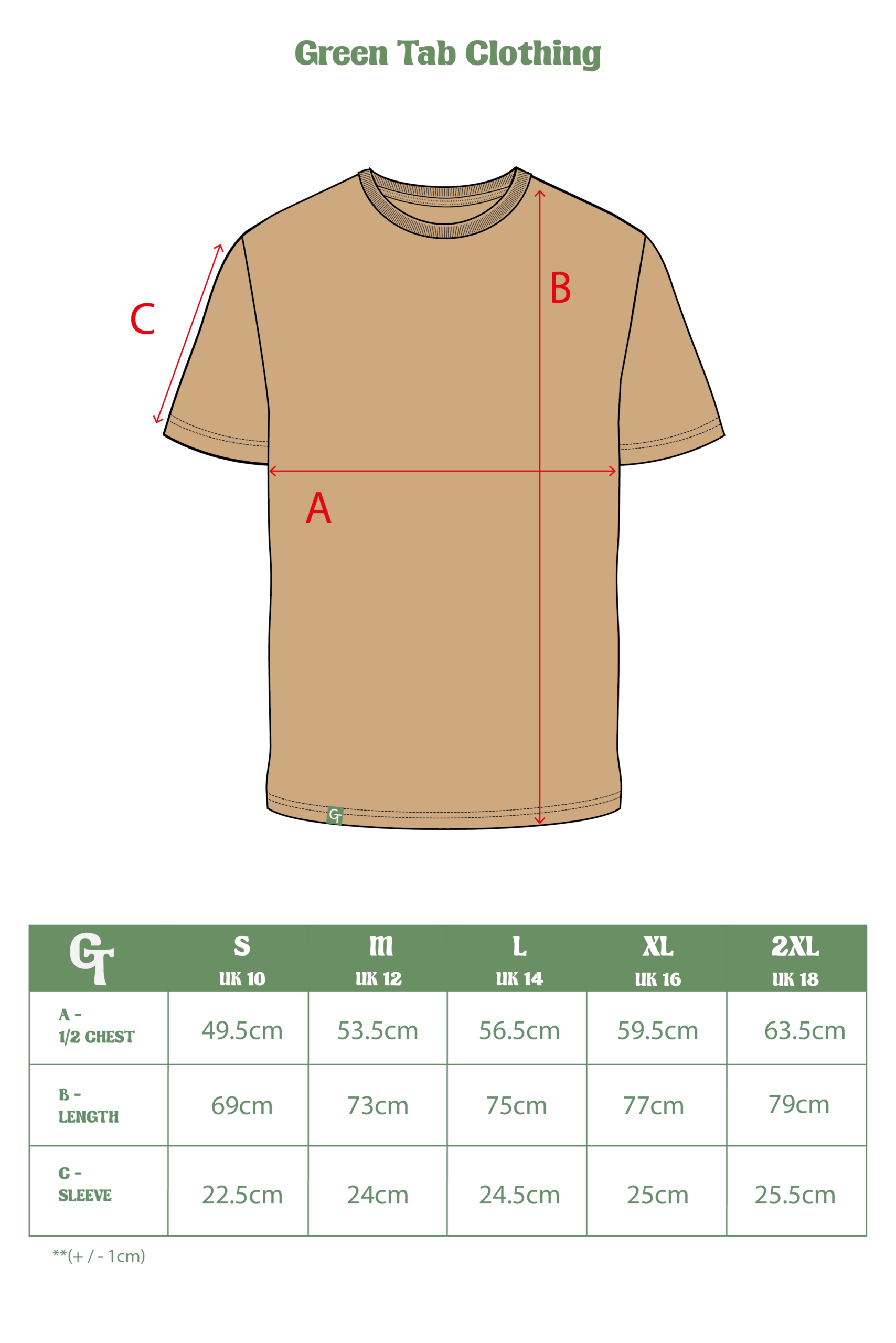 LATTE REG T-SHIRT SIZE CHART