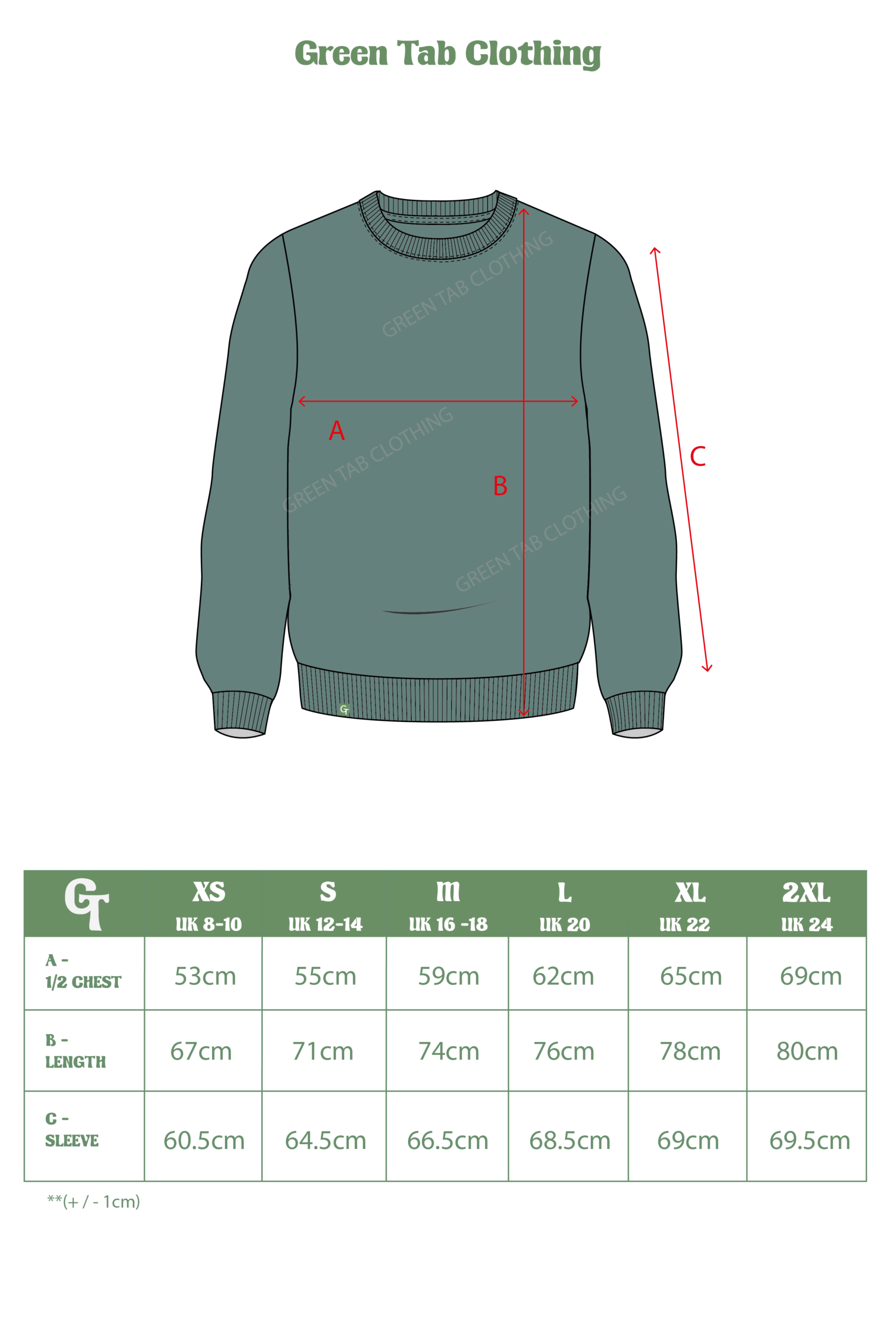 SEA GREEN SWEATER SIZE CHART