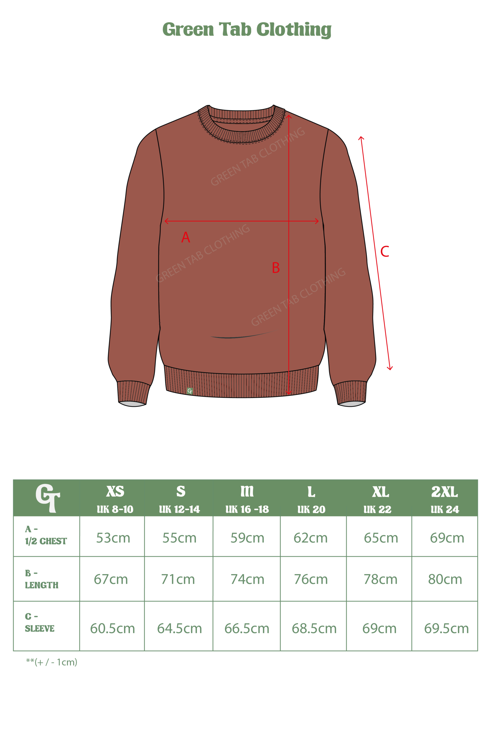 TERRACOTTA SWEATER SIZE CHART
