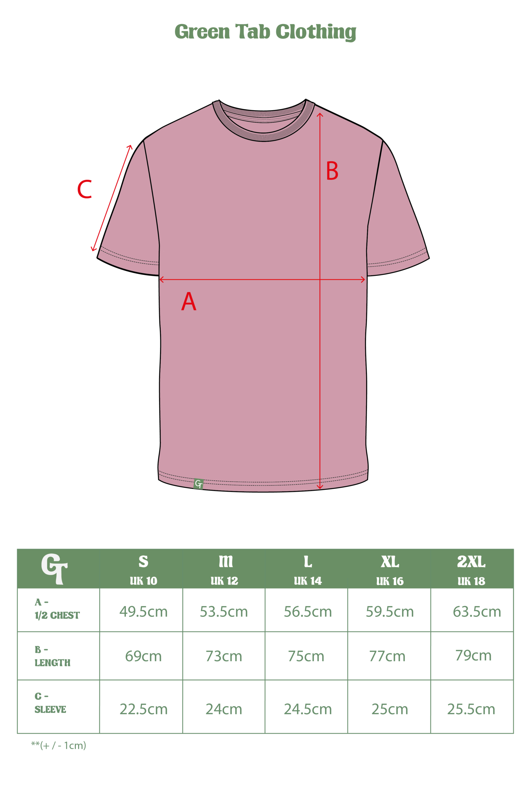 WARM PINK REG T-SHIRT SIZE CHART