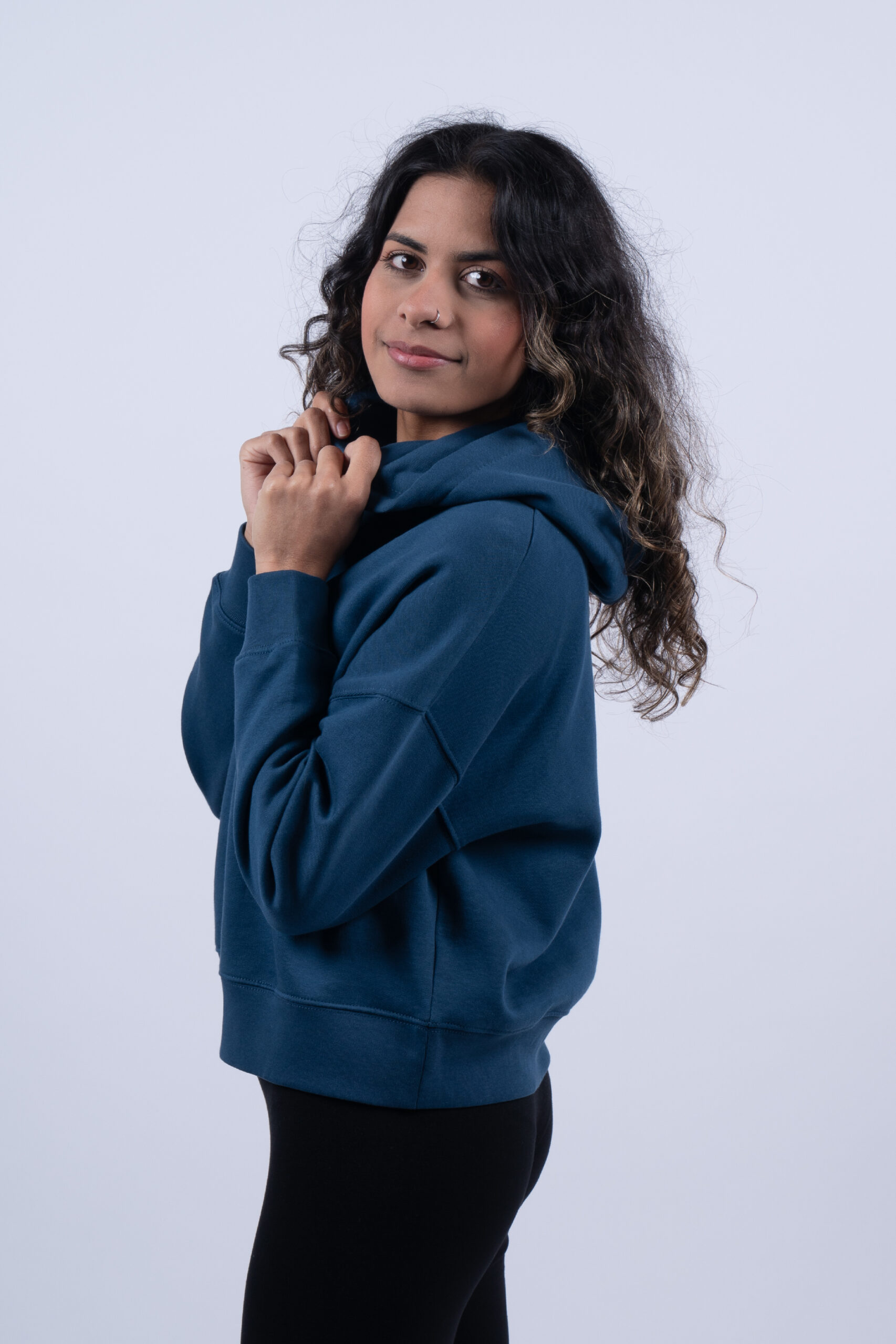 LADIES MID NIGHT BLUE HOODIE SIDE CLOSE