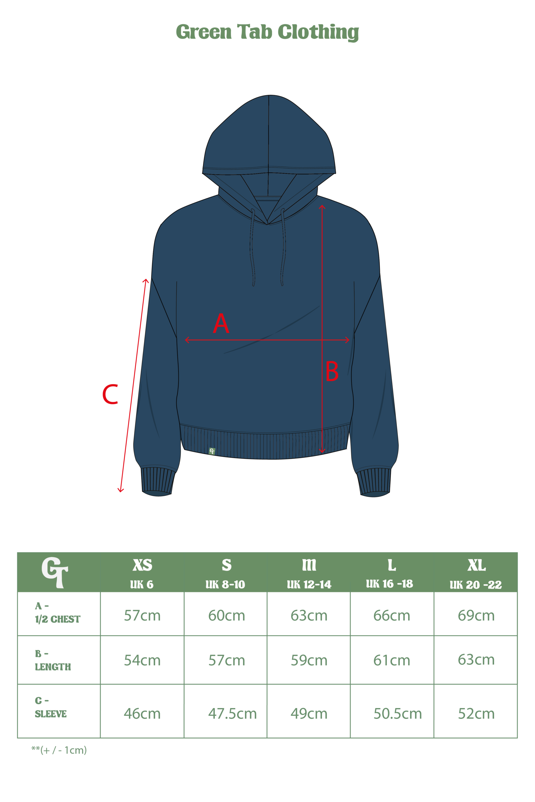 LADIES MIDNIGHT BLUE HOODIE SIZE CHART