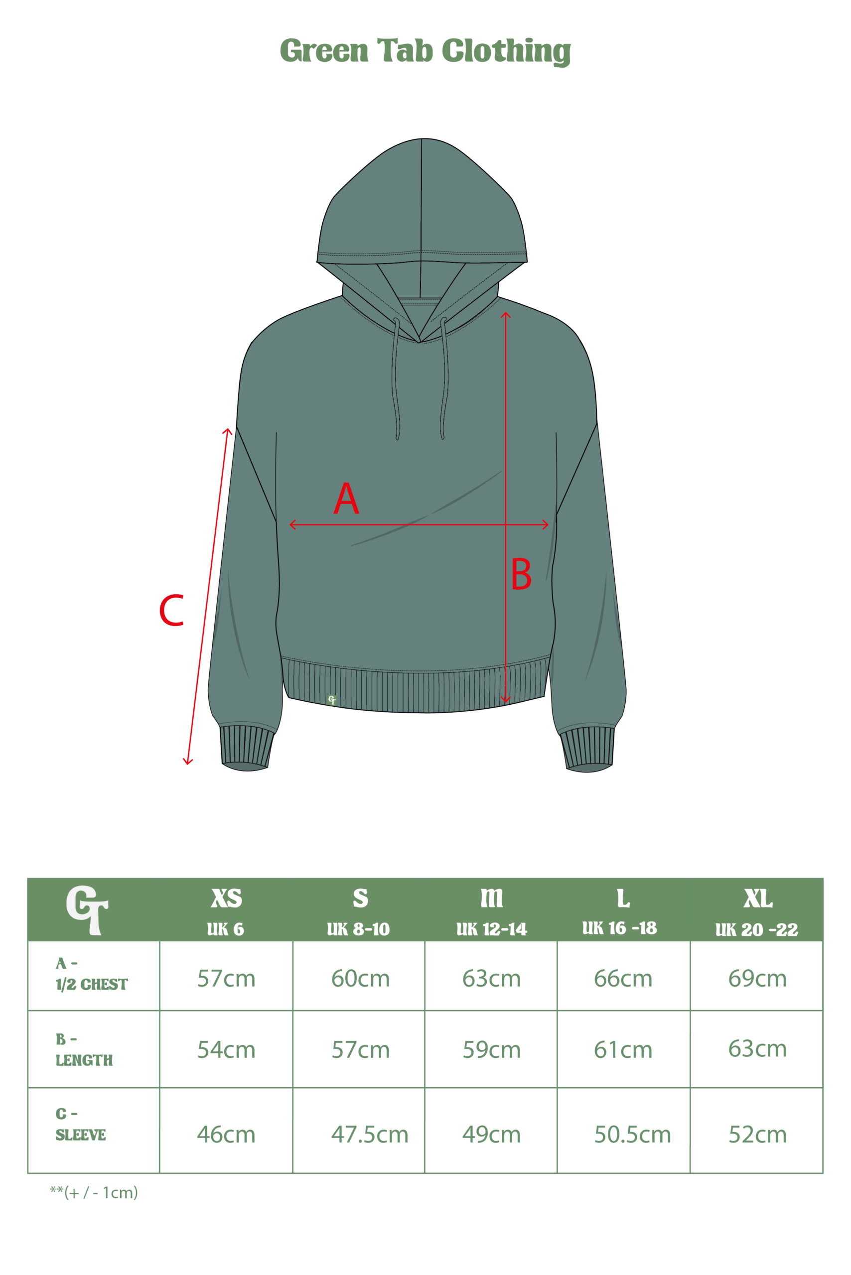 LADIES SEA GREEN HOODIE SIZE CHART