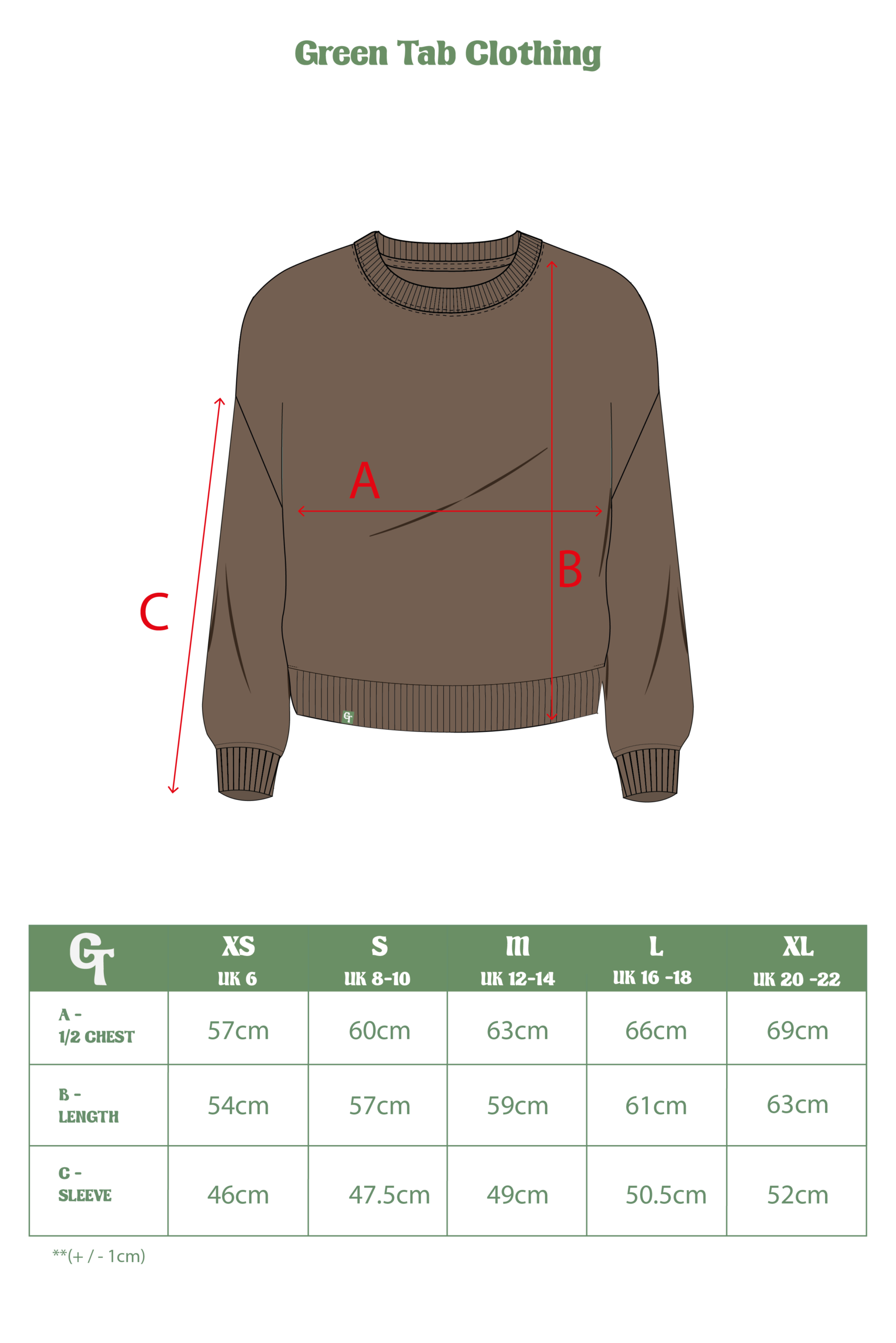 LADIES TOBACCO SWEATER SIZE CHART