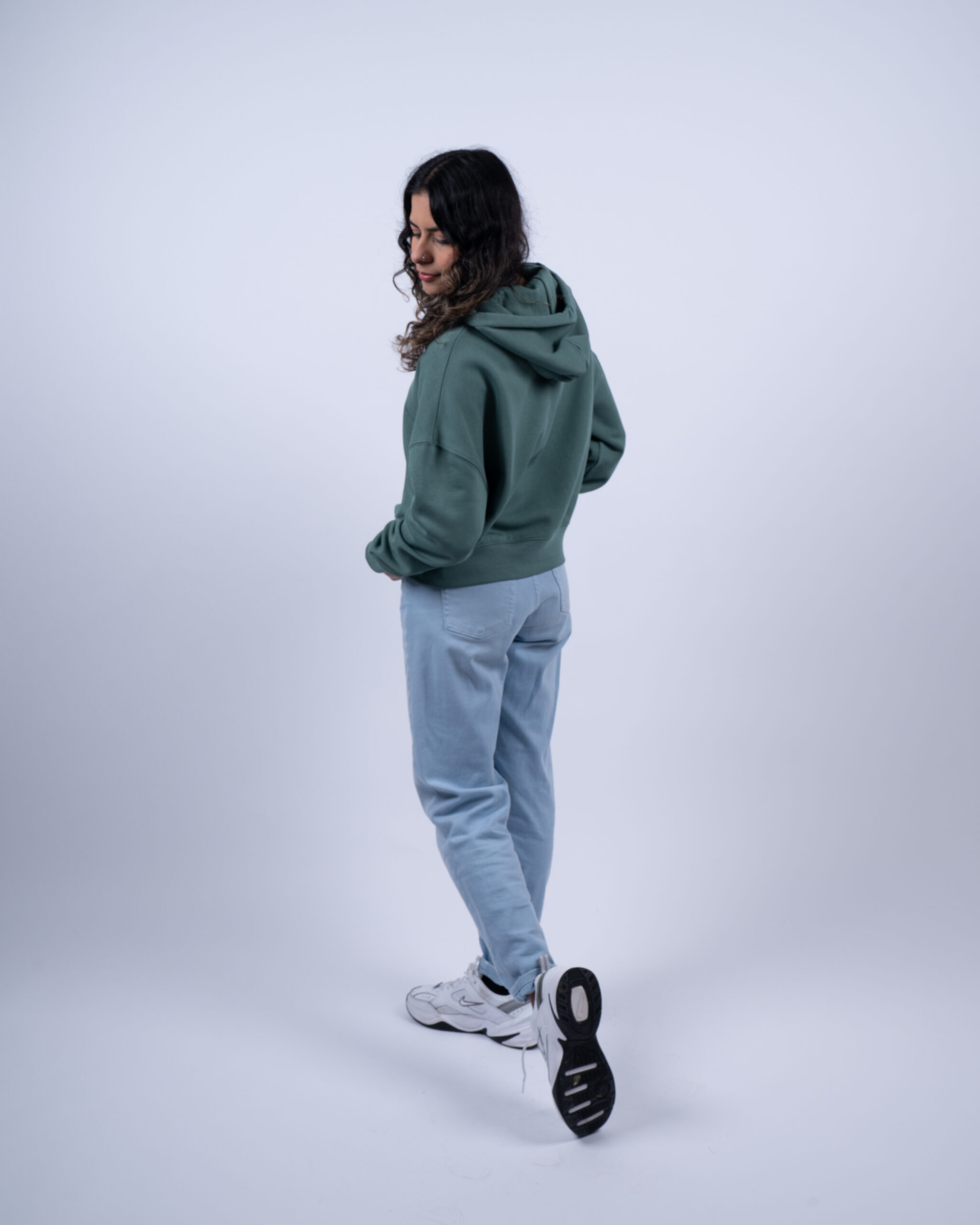 womens cropped sea green hoodie back far