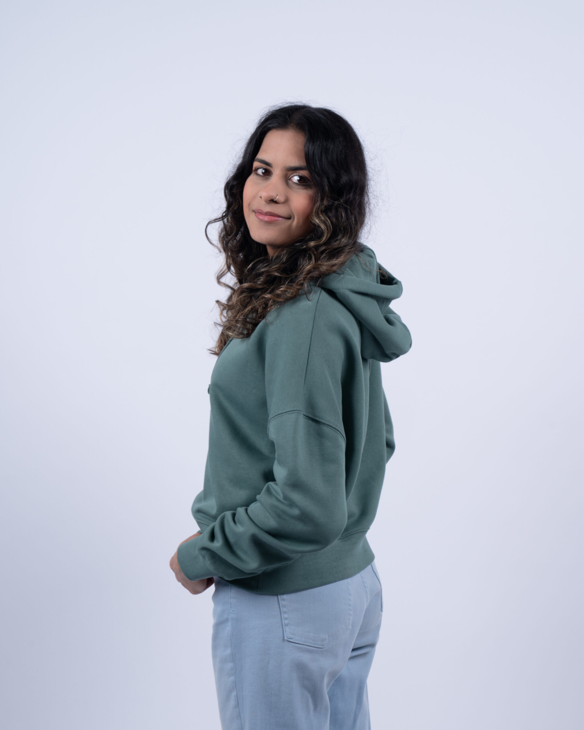 womens cropped sea green hoodie side close