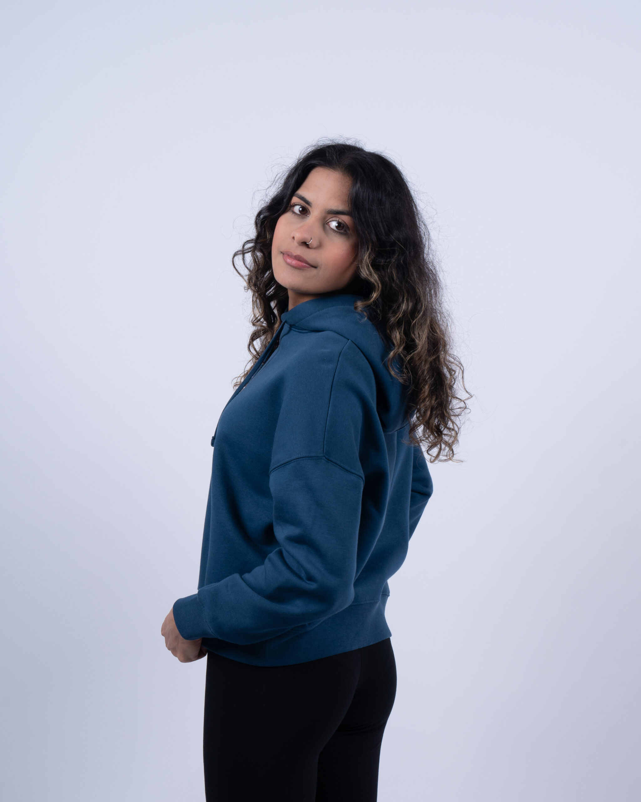 womens cropped midnight blue hoodie back close