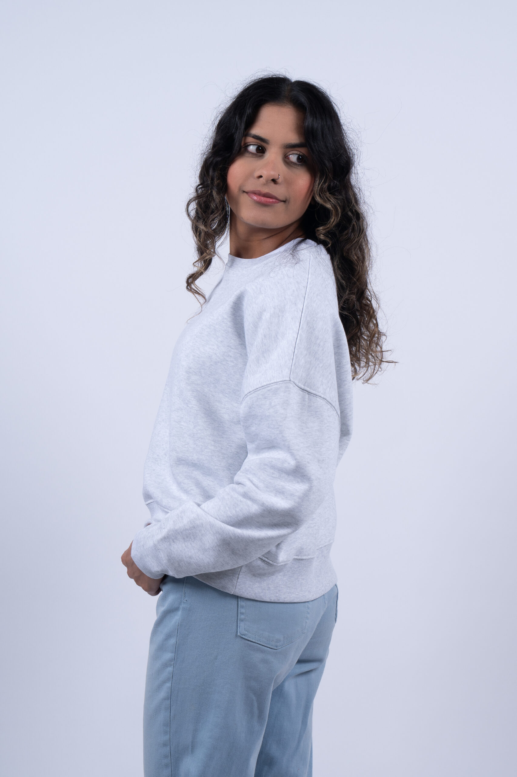 LADIES SNOW HEATHER SWEATER SIDE CLOSE UP