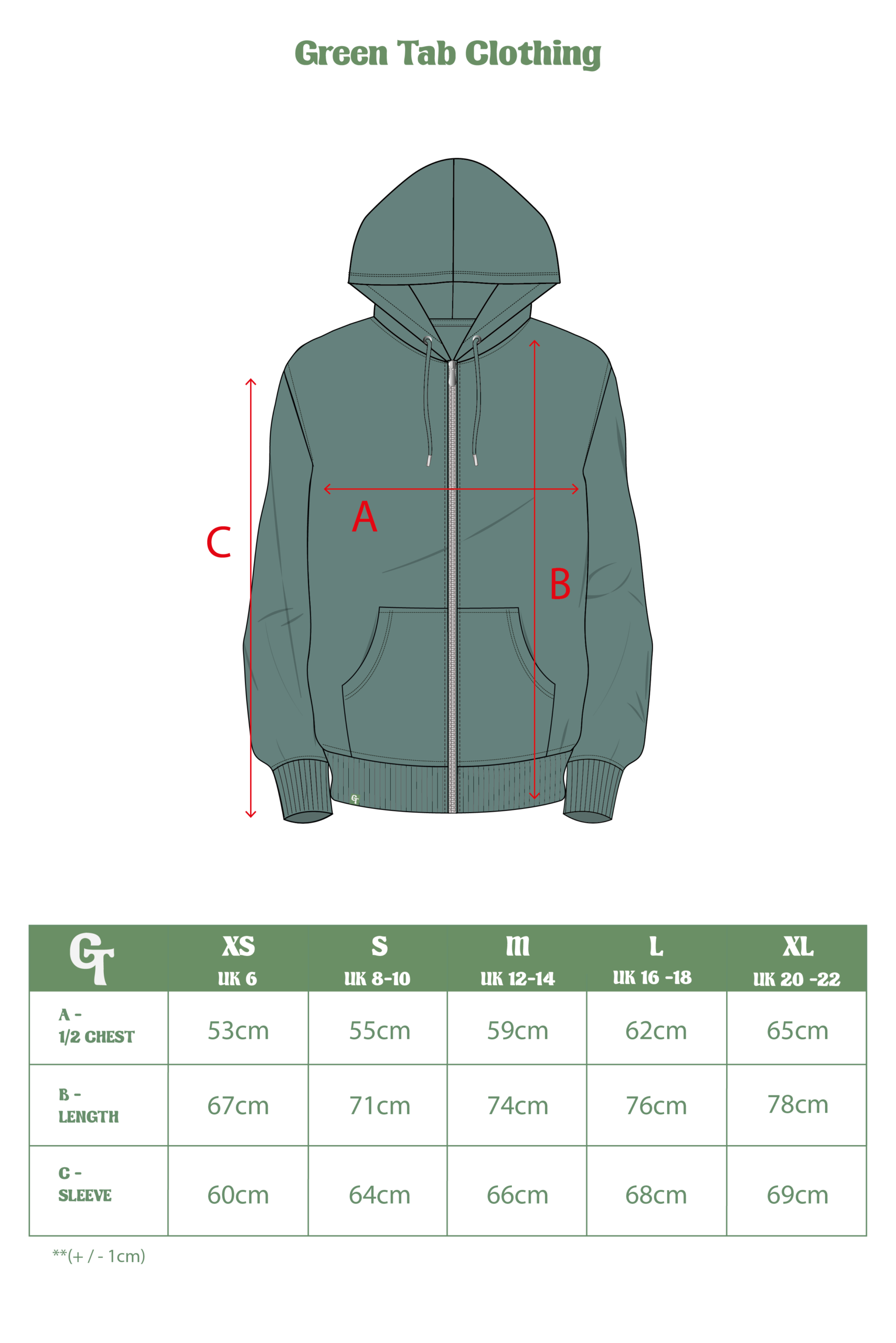 SEA GREEN ZIP UP HOODIE SIZE CHART