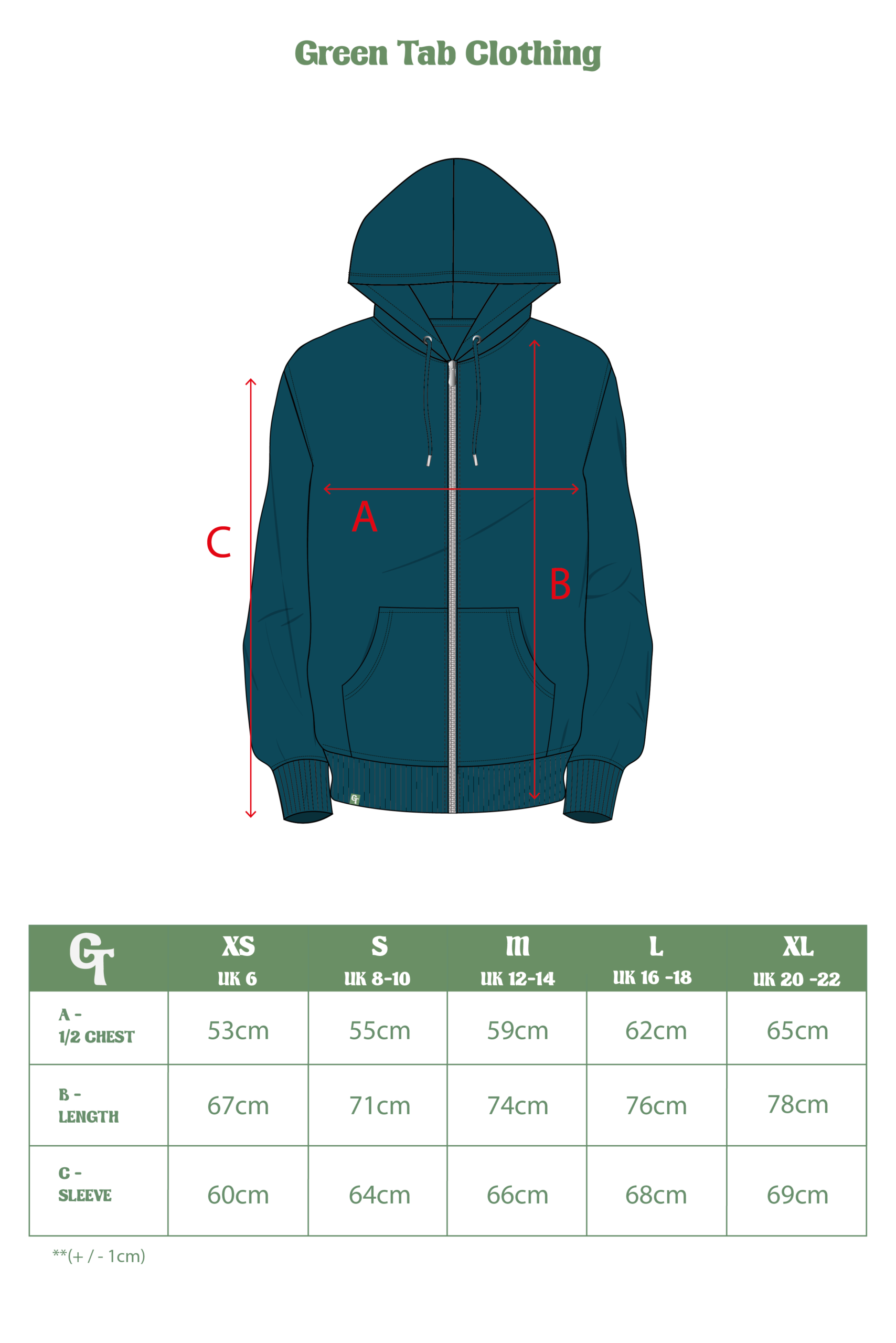 TEAL ZIP UP HOODIE SIZE CHART